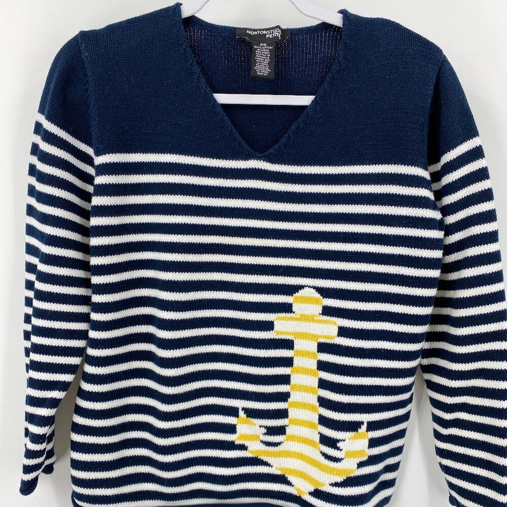 Norton Studio Petites Striped White Navy Gold Anchor Sweater Petite Small